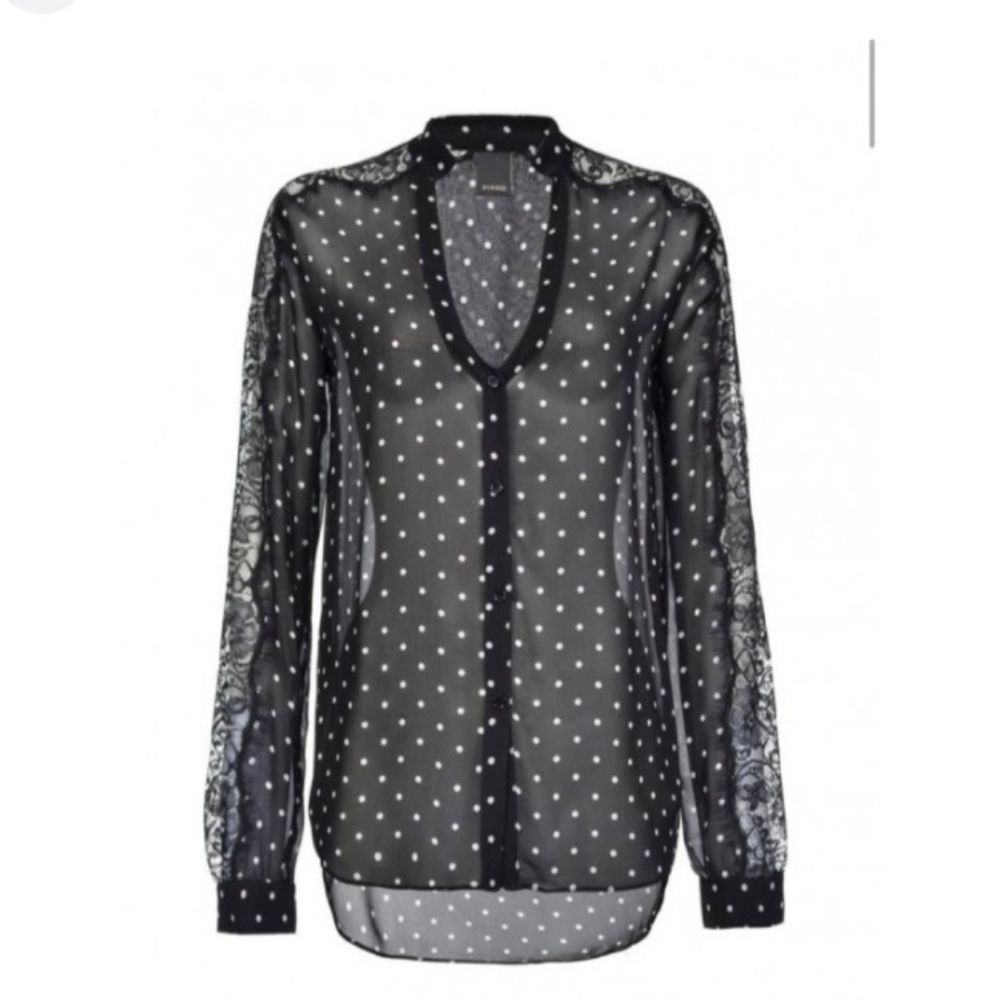 PINKO MARRON GLACE POLKA DOTS BLOUSE WITH LACE SLEEVES INSERTS